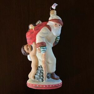 Vaillancourt Polish Glass Ornament Father Christmas with Angel Holding Sack